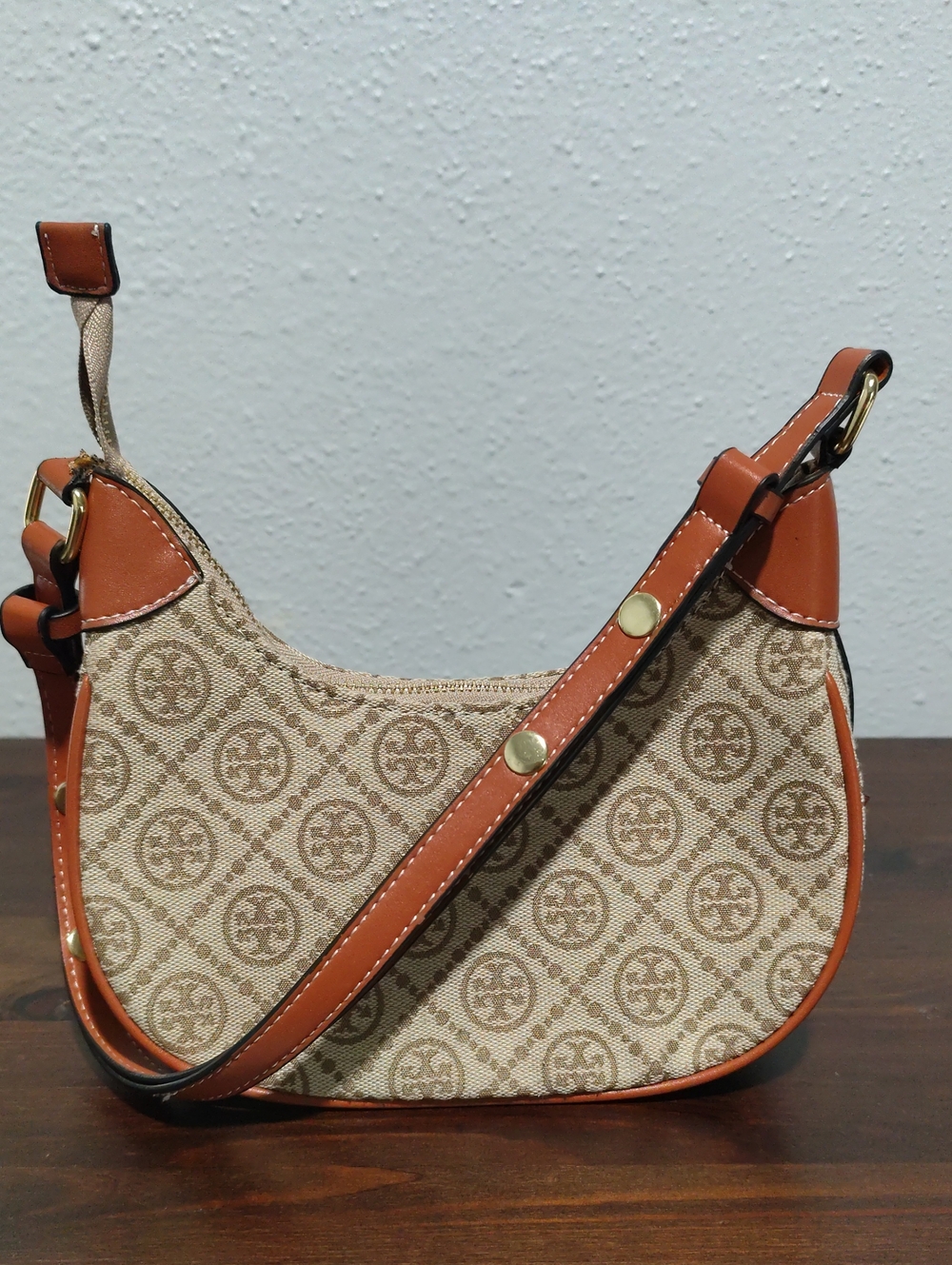 Tory Burch Beige Canvas Logo-Print Shoulder Bag with Tan Leather Trim